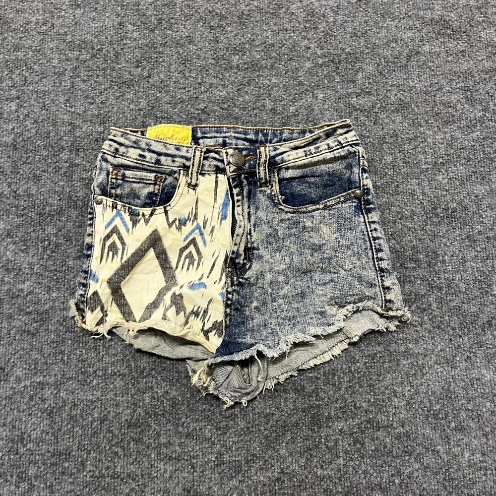 Machine Jeans Shorts Womens Size 3 Small Blue Acid Wash Tribal Print Frayed